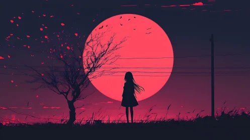 Silhouette girl stands before oversized red moon at dusk