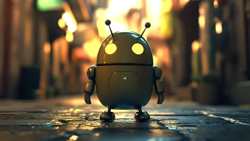 Small yellow-eyed robot standing in blurred city street.