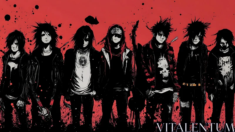 Emo punk band lineup on red splatter background.