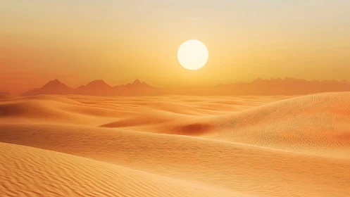 Golden desert sunrise over softly sculpted sand dunes.
