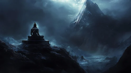 Meditating sage contemplates a misty moonlit mountain peak