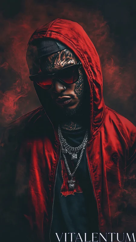 Hooded urban portrait applies high-contrast red lighting and smoke effects
