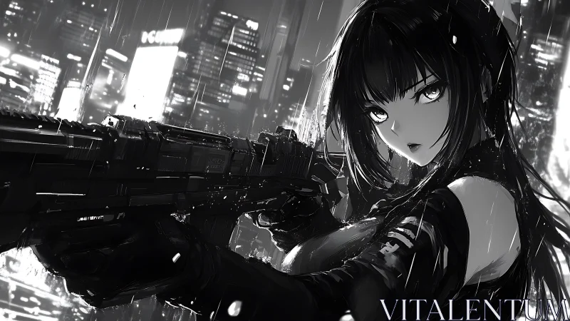 Rainlit city sentinel with a fierce midnight gaze.