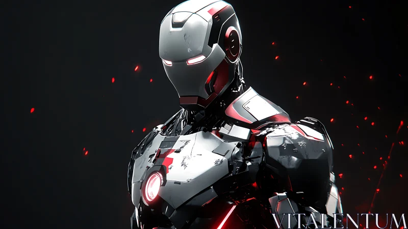 Neon-scarred combat android bathed in ember sparks of war.