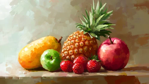 Impasto still life of assorted ripe fruit on wooden ledge