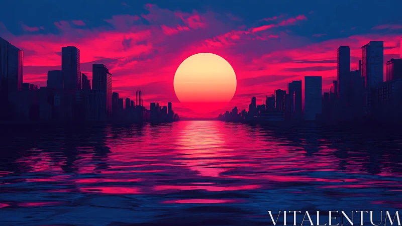 Neon magenta sunset floods reflective cyber-city waterfront