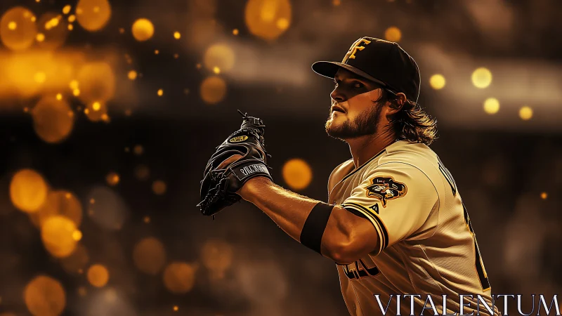 Baseball pitcher winds up under golden stadium lights.