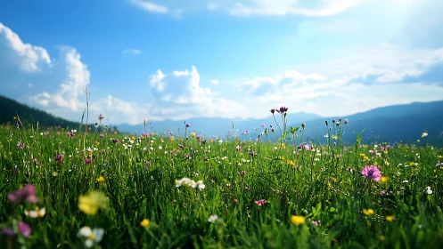 Wide-angle wildflower meadow under clear sky with shallow depth