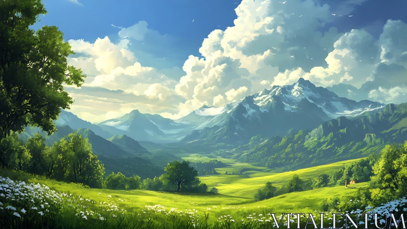 Digital mountain landscape depicts valley under cumulus sky
