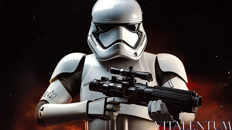 Armored sci fi soldier holding rifle against dark space field.