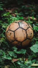 Weathered soccer ball resting in green ground foliage.
