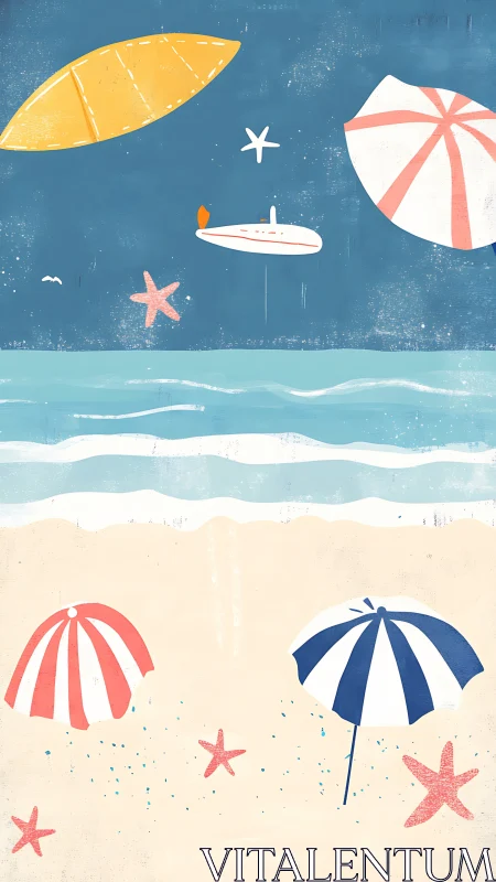 Minimal beach scene with umbrellas, starfish and waves.