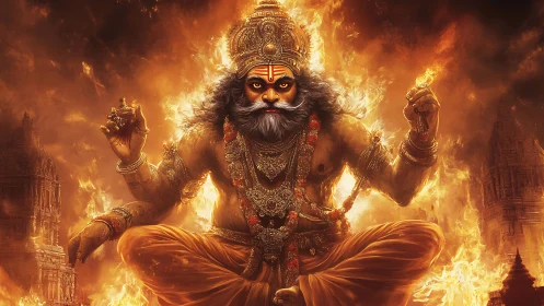 Mythic Hindu deity figure amid flames and temple ruins.