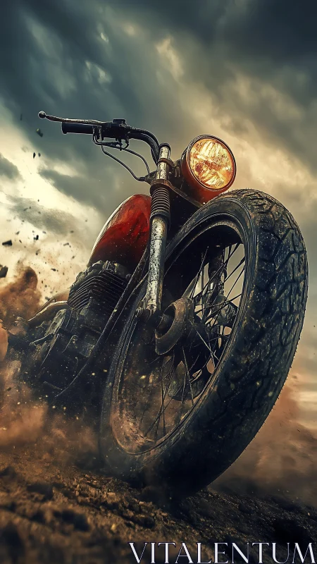 Motorcycle front wheel digs into dirt under dramatic cloudy sky