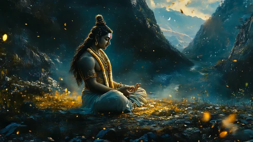 Mountain valley mystic in golden, ember-lit meditation glow.