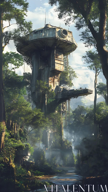 Brutalist tower outpost integrated into misted rainforest canopy.