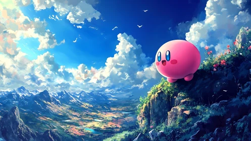 Cheerful pink adventurer overlooking a bright valley sky.