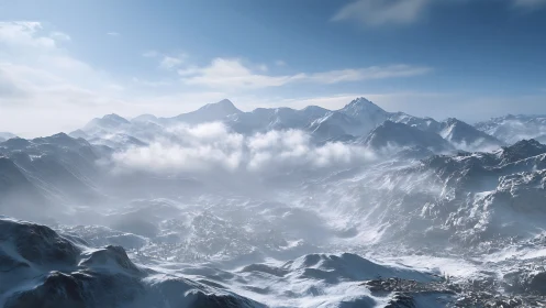 Snow-covered alpine range under crisp atmospheric haze.
