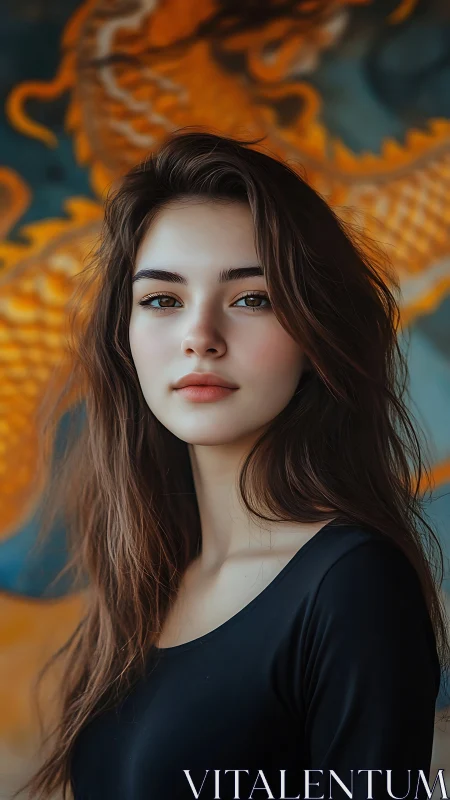 Portrait of young woman before stylized dragon mural.