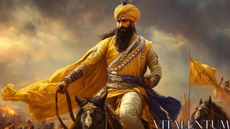 Warrior in golden attire rides horse through battle scene