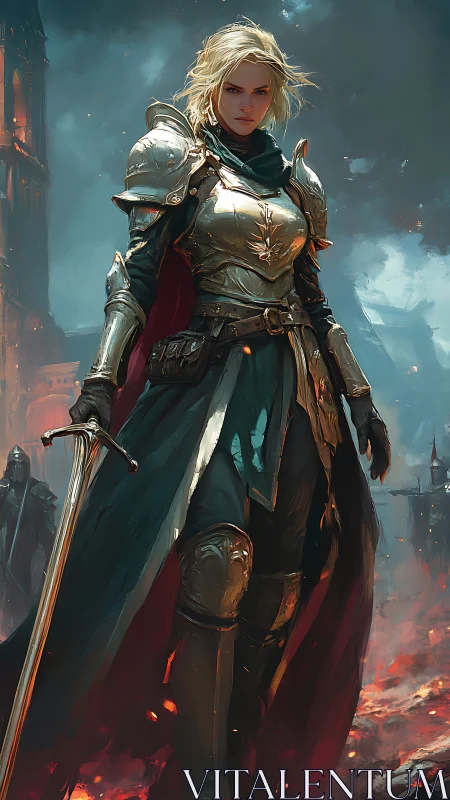 Armored female warrior with sword in burning fantasy city.