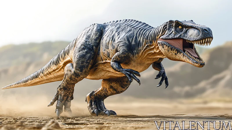Tyrannosaurus rex running across dry prehistoric terrain.