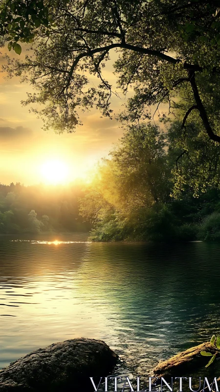 Golden lake sunrise cradled by quiet whispering trees.