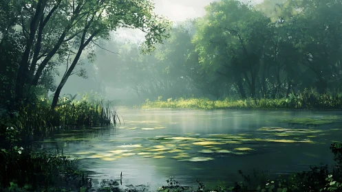 Morning light diffuses across a tranquil forest wetland pond