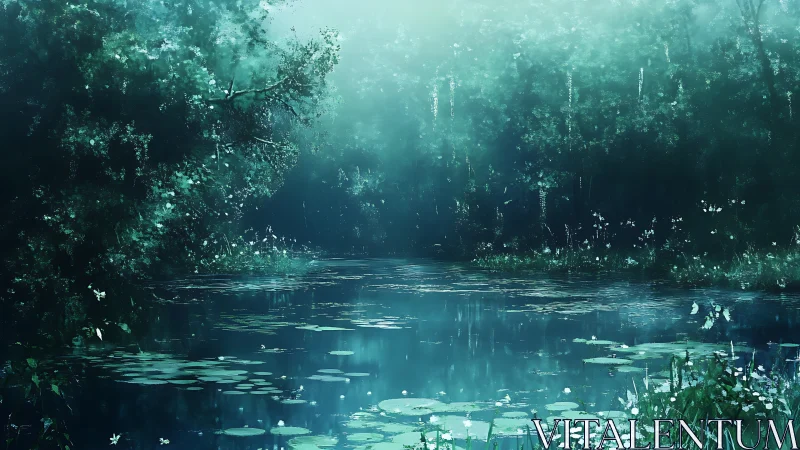 Ethereal Wetland Ecosystem: Luminescent Aquatic Environment with Atmospheric Depth.