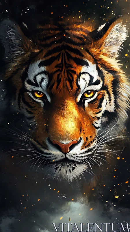 Tiger portrait with glowing eyes in dark abstract space.