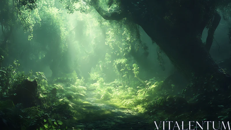 Enchanted Forest Sanctuary Glowing with Magical Green Light