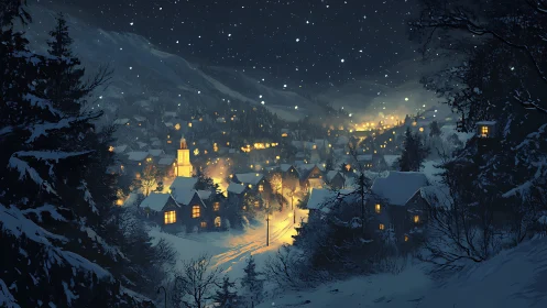 Snowlit village glows under star-dusted winter midnight sky.