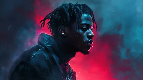 Side profile portrait in red and blue atmospheric lighting.