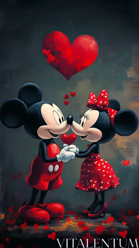 Mickey and Minnie Mouse Romantic Kiss with Glowing Heart.
