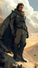 Desert star-wanderer stands guard above wind-torn dunes.