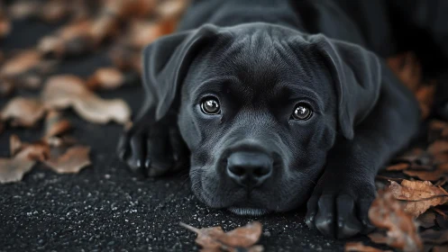 Black puppy rests on autumn leaves with soulful gaze.