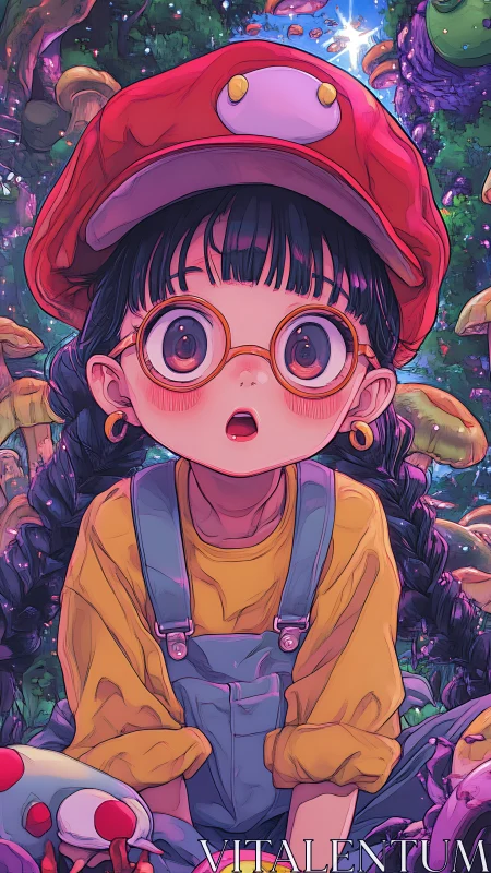 Wide-eyed girl in mushroom forest under glowing starlight.