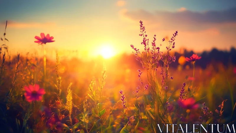 Golden meadow sunset wrapped in dreamy wildflower glow.
