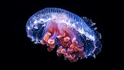 Bioluminescent jellyfish drifts through a tranquil cosmic void