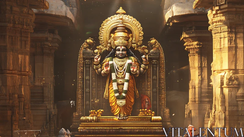 Golden temple deity bathed in soft, timeless morning light.