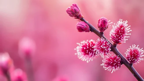 Magenta Catkins in Spring Bloom Against Soft Pink Gradient.