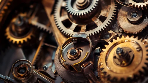 Macro study isolates interlocking brass gears in warm focus