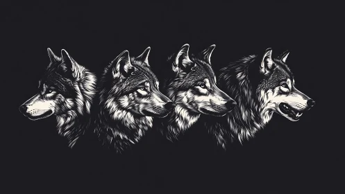 Monochrome side profiles of four detailed wolf heads.