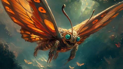 Skyborne moth king slices through dusk with jeweled eyes
