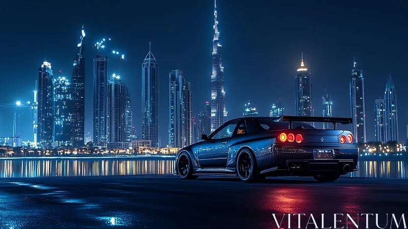 Night-tuned sports coupe overlooks neon-lit waterfront skyline