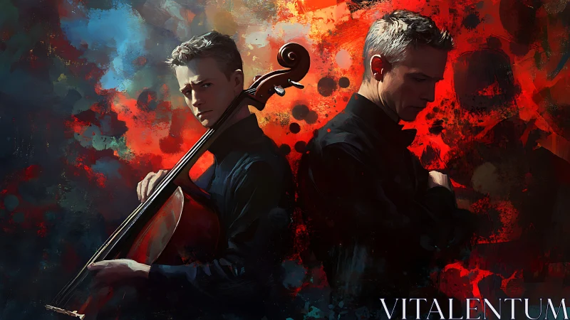 Dual portrait of cellist in chiaroscuro against abstract bokeh field