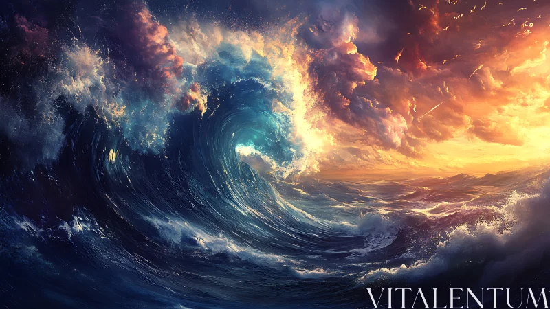 Large stylized ocean wave under contrasting sky at sunset.