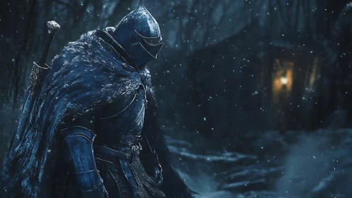 Armored knight advances through a nocturnal snowstorm forest