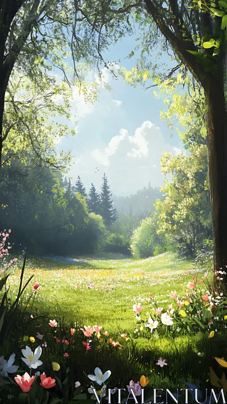 Sunlit forest meadow with wildflowers under open sky.