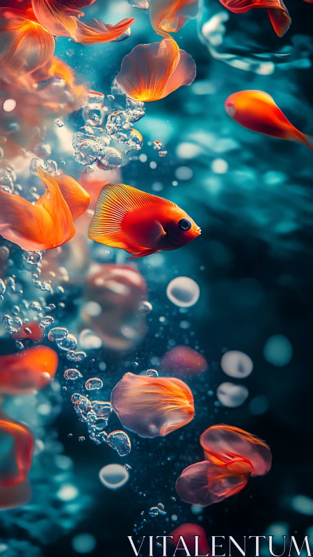 Bright orange fish drifting among swirling petals underwater.